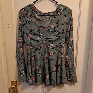 Floral Babydoll/Peplum Bell Sleeve Top/ Blouse